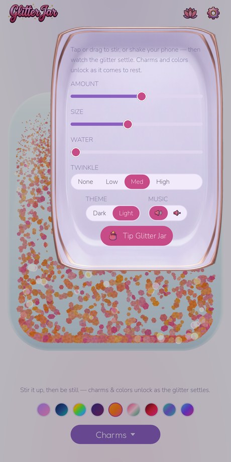The Glitter Jar settings panel in the daylight theme, showing sliders for amount, size and water, segmented controls for twinkle, theme and music, and the optional Tip Glitter Jar button
