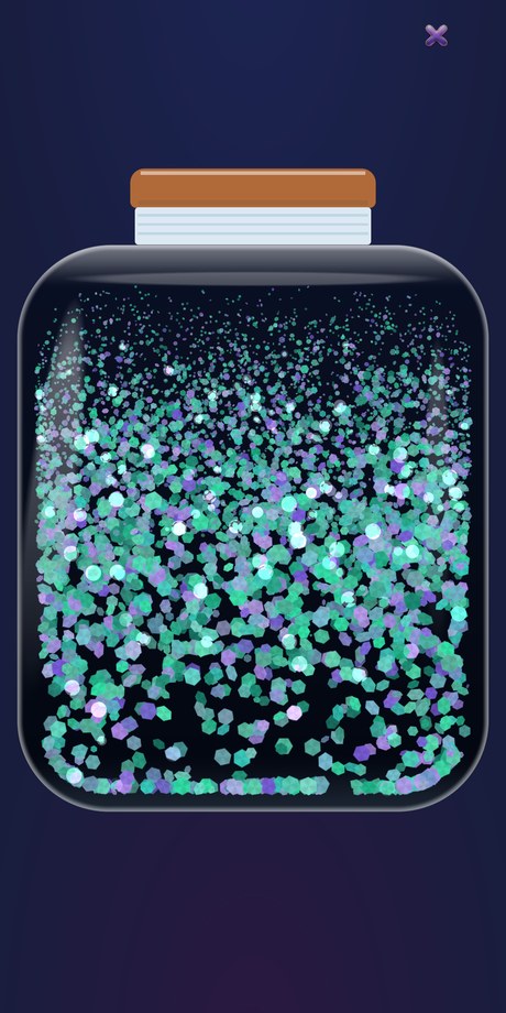 Zen mode — the jar filling the entire screen with mint and violet aurora glitter, with only a small close button in the corner